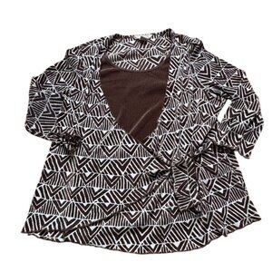 TanJay Womens Geometric Blouse W/ Wrap Style FRont-Brown/White-L-GUC